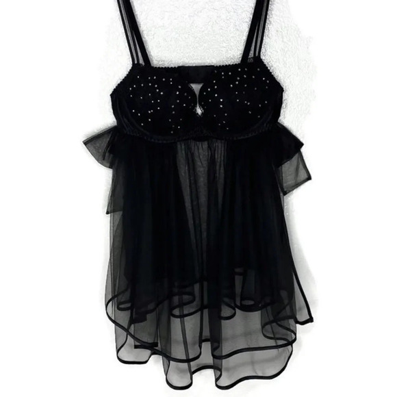 Victoria’s Secret Black Chiffon Babydoll Slip W/ Rhinestone Embellished … - Picture 11 of 11